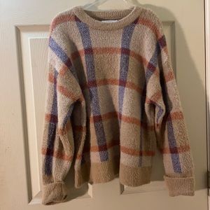Zara Tan Red Blue Checkered Plaid Fuzzy Sweater Long Sleeve Kids
